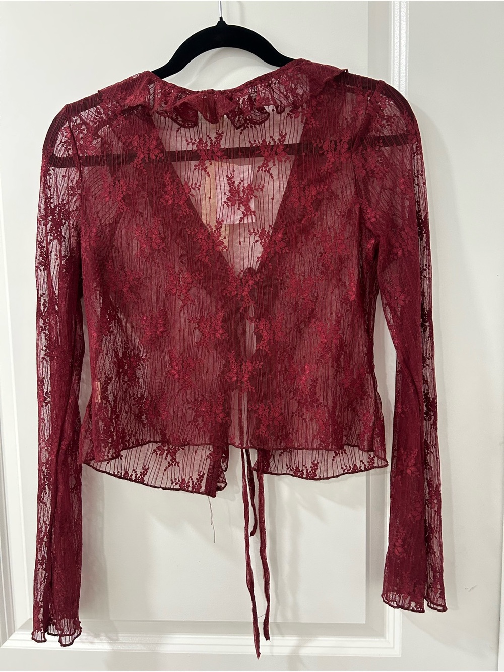 thirty-one Burgundy Lace Tie-Front Long Sleeve Top - Picture 2 of 3